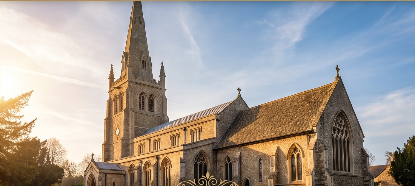 Historic St Wendreda's Church in golden sunlight